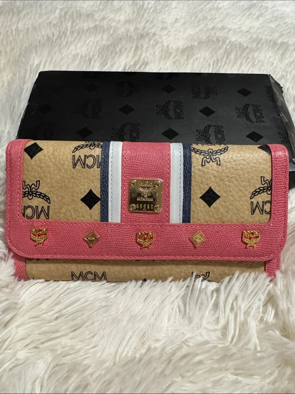 MCM Beige Monogram Long Trifold Wallet with Pink Trim and Gold Accents NWT